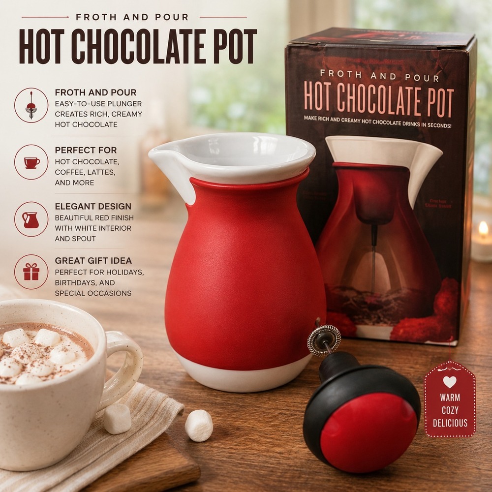 Froth & Pour Hot Chocolate Pot Ceramic Frother Pitcher Red White Cocoa Maker